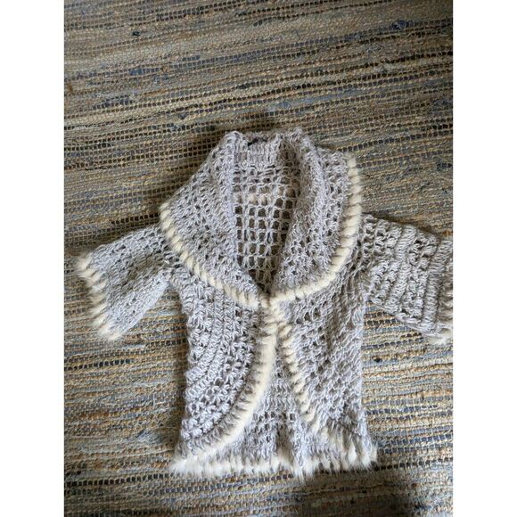 Grey Crochet Rabbit Fur Trim Wool Blend Open Knit Cardigan S/M Festival - Picture 3 of 6